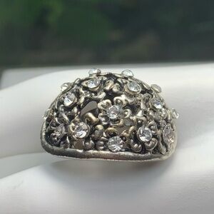 Vintage 1970s Brutalist Rhinestone Dome Ring Silver Tone Size 6+